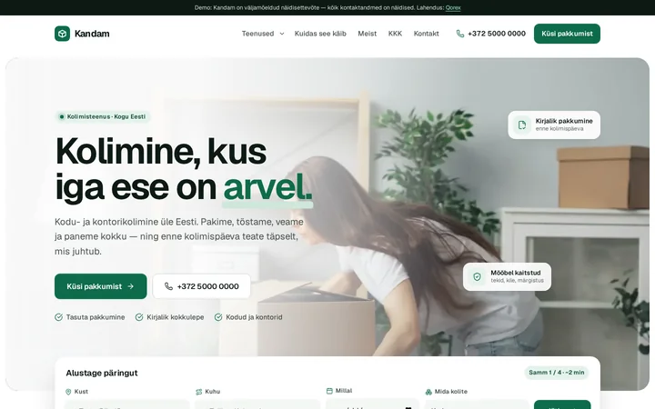 Valmis veebileht kolimisfirmale – näidisleht